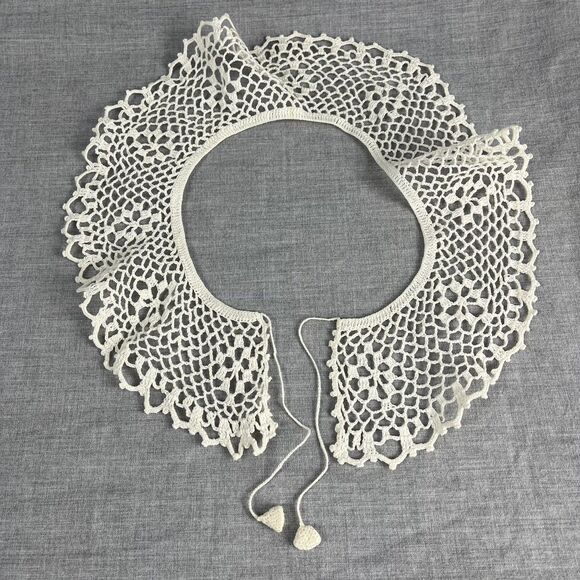 Vintage Handmade Cream Crochet Dress Collar With Ties Cotton Yarn - Picture 2 of 5